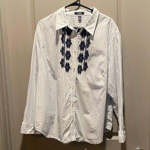 Chaps Women’s Blue & White Striped Button-Down Shirt | Size 3X Embroidered Boho